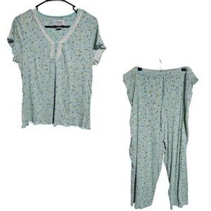 Villager Floral Pajama Set Womens Size L XL Light Blue Yellow Loungewear Pjs